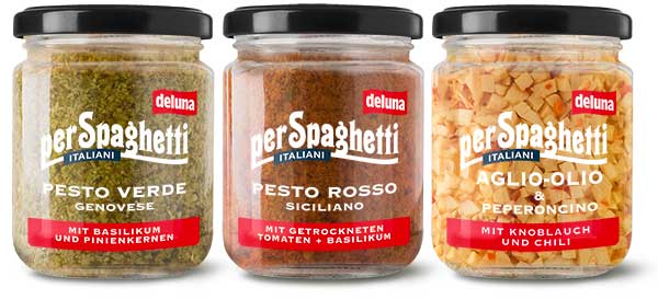 Jars of pesto verde, pesto rosso and aglio olio